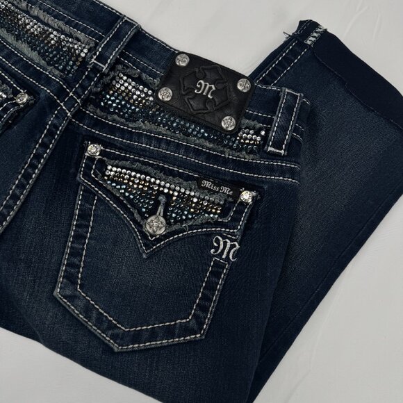 Miss Me Signature Rise Boot Jean 'Cut-Off' Denim Shorts Bling Pockets Size 29 - Picture 2 of 11